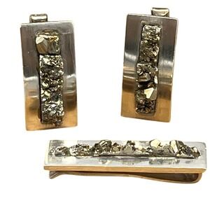 Vintage Sterlng Silver Raw pyrite Cufflinks & Tie Clip signed JLP‎ Taxco